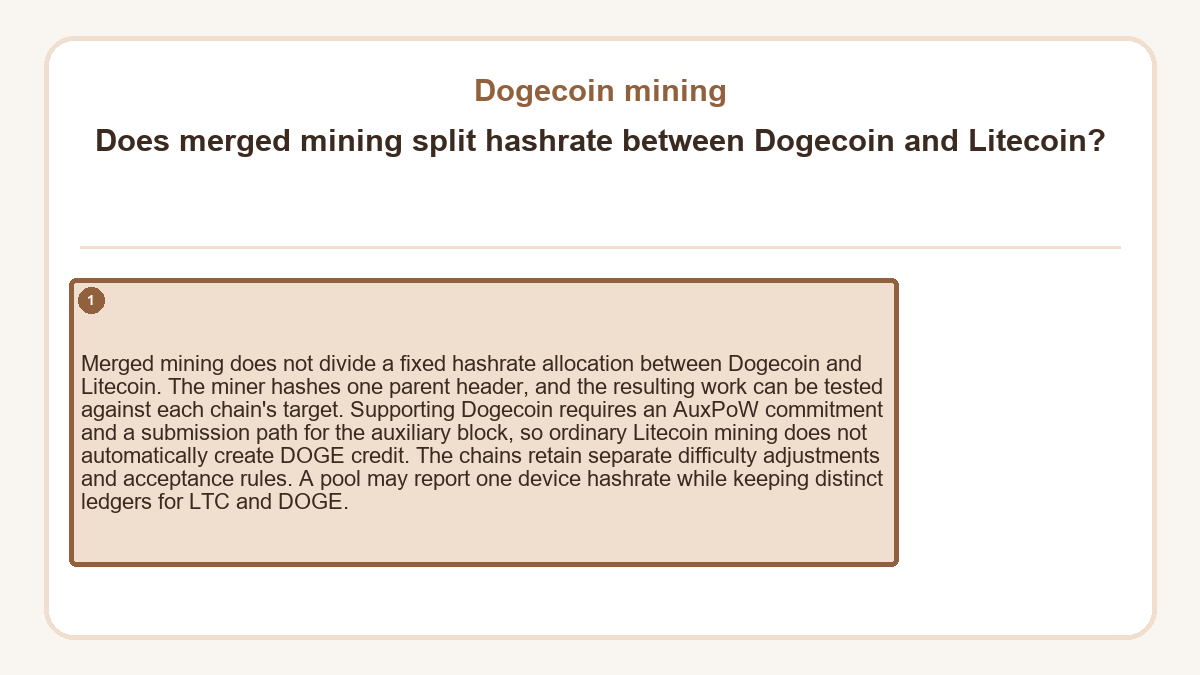 Does merged mining split hashrate between Dogecoin and Litecoin?: Merged mining does not divide a fixed hashrate allocation between Dogecoin and Litecoin. The miner hashes one parent header, and the resulting work can be tested against each chain's target. Supporting Dogecoin requires an AuxPoW commitment and a submission path for the auxiliary block, so ordinary Litecoin mining does not automatically create DOGE credit. The chains retain separate difficulty adjustments and acceptance rules. A pool may report one device hashrate while keeping distinct ledgers for LTC and DOGE.