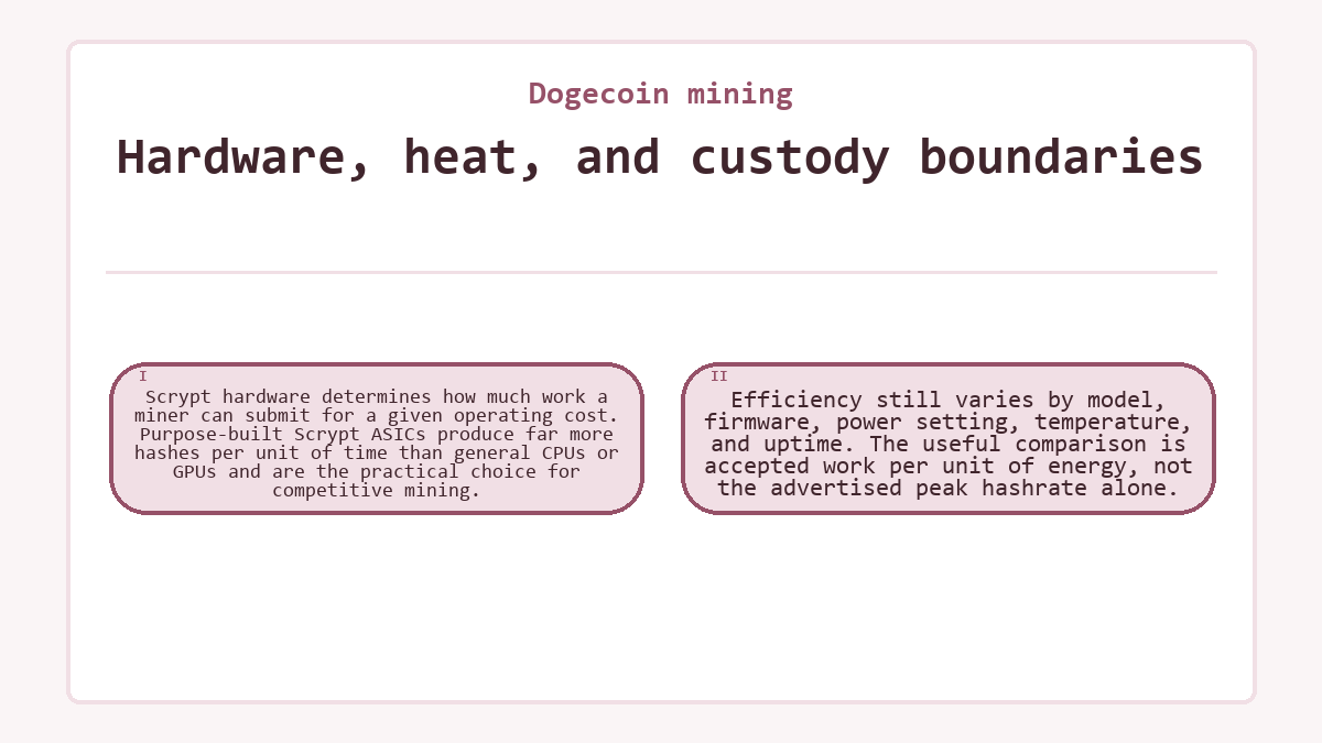 Hardware, heat, and custody boundaries: Scrypt hardware determines how much work a miner can submit for a given operating cost. Purpose-built Scrypt ASICs produce far more hashes per unit of time than general CPUs or GPUs and are the practical choice for competitive mining.; Efficiency still varies by model, firmware, power setting, temperature, and uptime. The useful comparison is accepted work per unit of energy, not the advertised peak hashrate alone.
