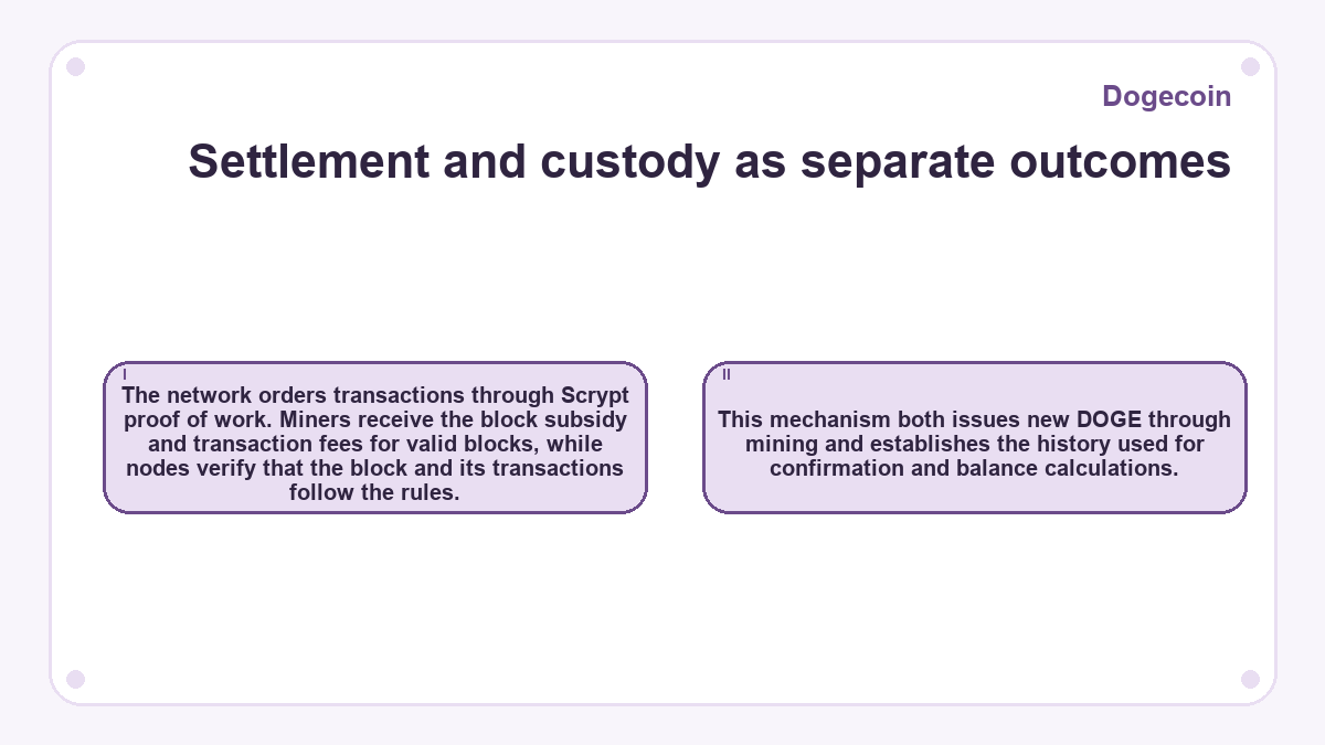 Settlement and custody as separate outcomes: The network orders transactions through Scrypt proof of work. Miners receive the block subsidy and transaction fees for valid blocks, while nodes verify that the block and its transactions follow the rules.; This mechanism both issues new DOGE through mining and establishes the history used for confirmation and balance calculations.