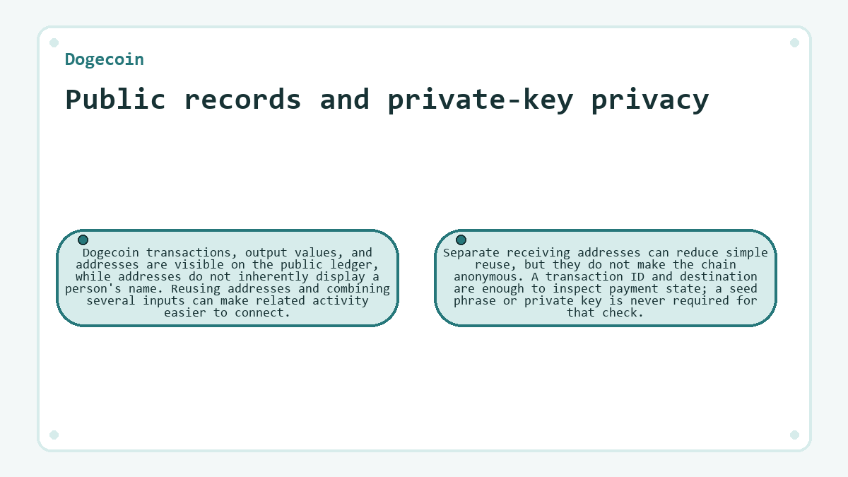 Public records and private-key privacy: Dogecoin transactions, output values, and addresses are visible on the public ledger, while addresses do not inherently display a person's name. Reusing addresses and combining several inputs can make related activity easier to connect.; Separate receiving addresses can reduce simple reuse, but they do not make the chain anonymous. A transaction ID and destination are enough to inspect payment state; a seed phrase or private key is never required for that check.